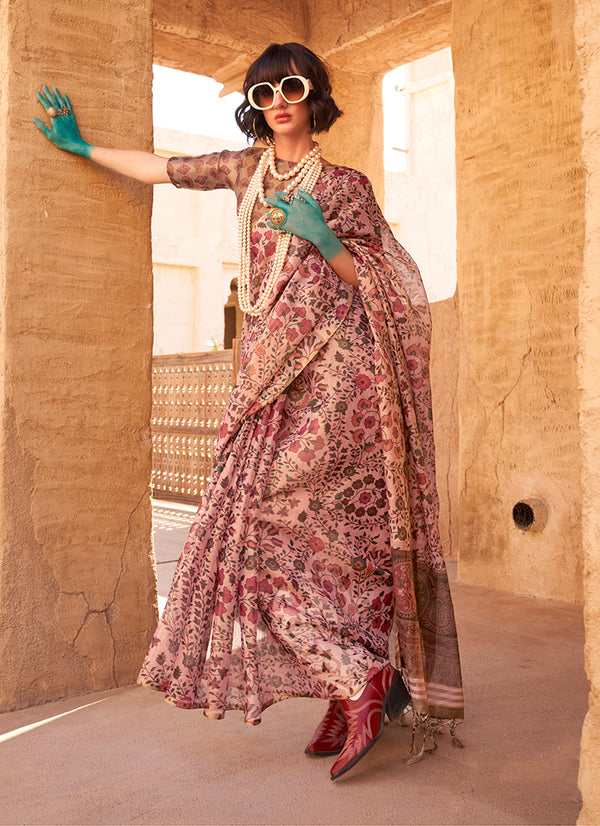 Monjolika Fashion Stunning Baby Pink Colour Printed Tissue Designer Saree