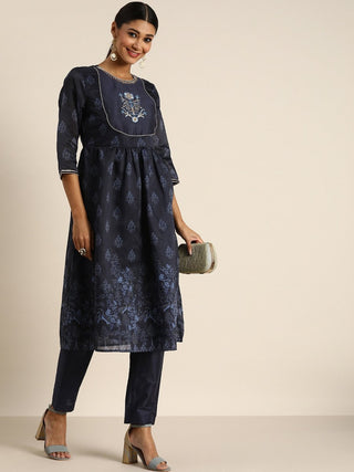 All About You Women Navy Blue Floral Printed Empire Kurta with Trousers - Distacart