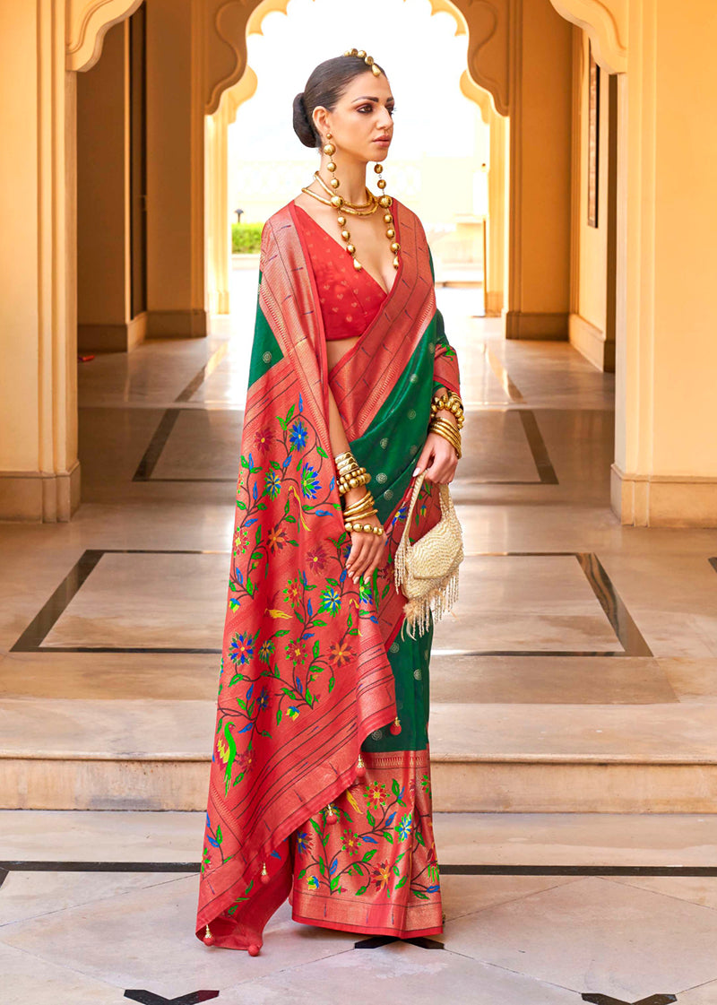 Monjolika Fashion Green Colour Soft Silk Sarees With Traditional Motifs