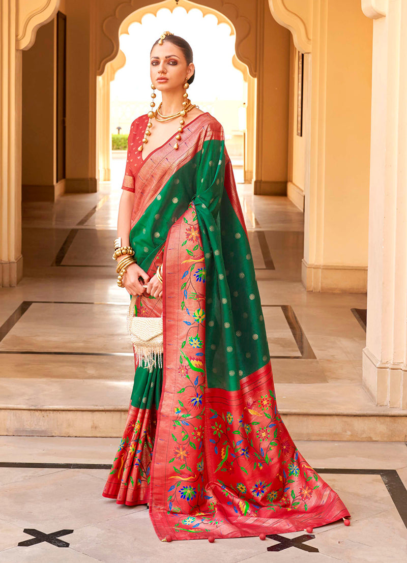 Monjolika Fashion Green Colour Soft Silk Sarees With Traditional Motifs