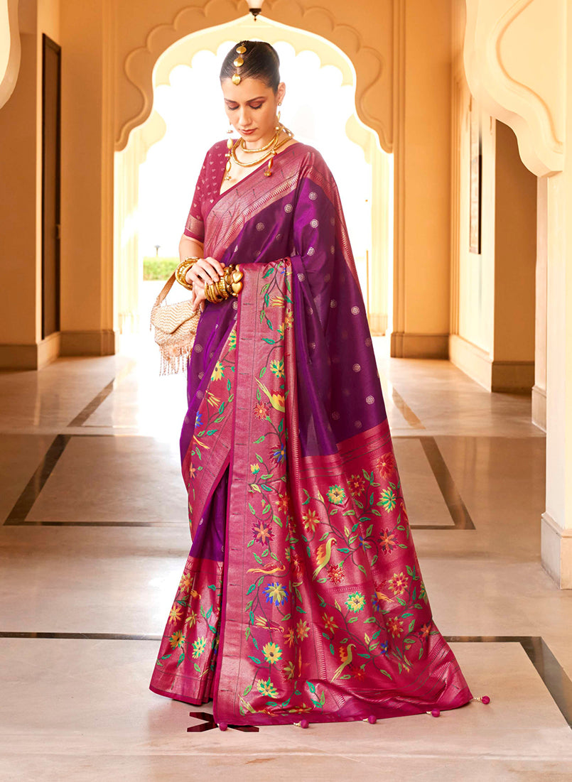 Monjolika Fashion Purple Colour Soft Silk Sarees With Traditional Motifs