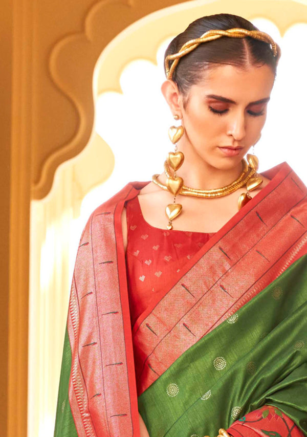 Monjolika Fashion Mehendi Colour Soft Silk Sarees With Traditional Motifs