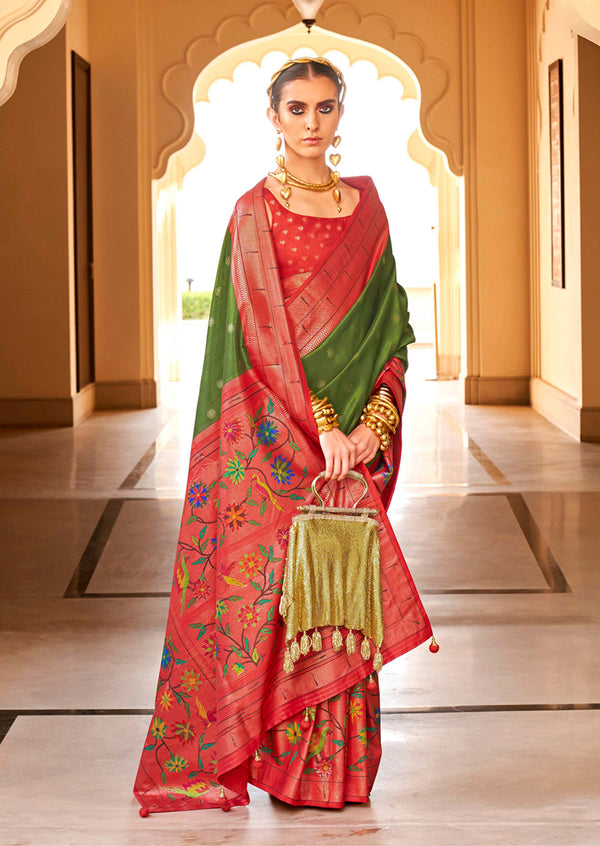 Monjolika Fashion Mehendi Colour Soft Silk Sarees With Traditional Motifs