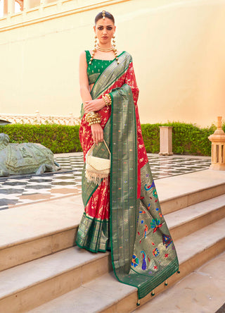 Monjolika Fashion Crimson Colour Soft Silk Sarees With Traditional Motifs