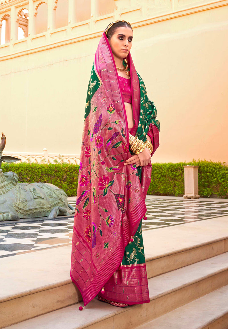 Monjolika Fashion Dark Green Colour Soft Silk Sarees With Traditional Motifs