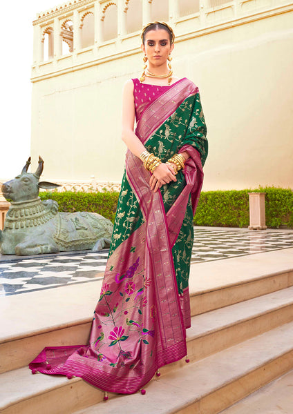 Monjolika Fashion Dark Green Colour Soft Silk Sarees With Traditional Motifs