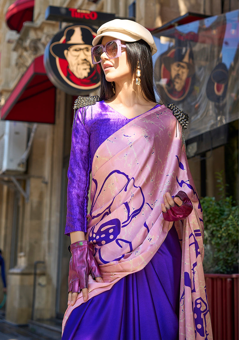 Monjolika Fashion Baby Pink Colour Satin Silk Printed Lightwear Saree For Women