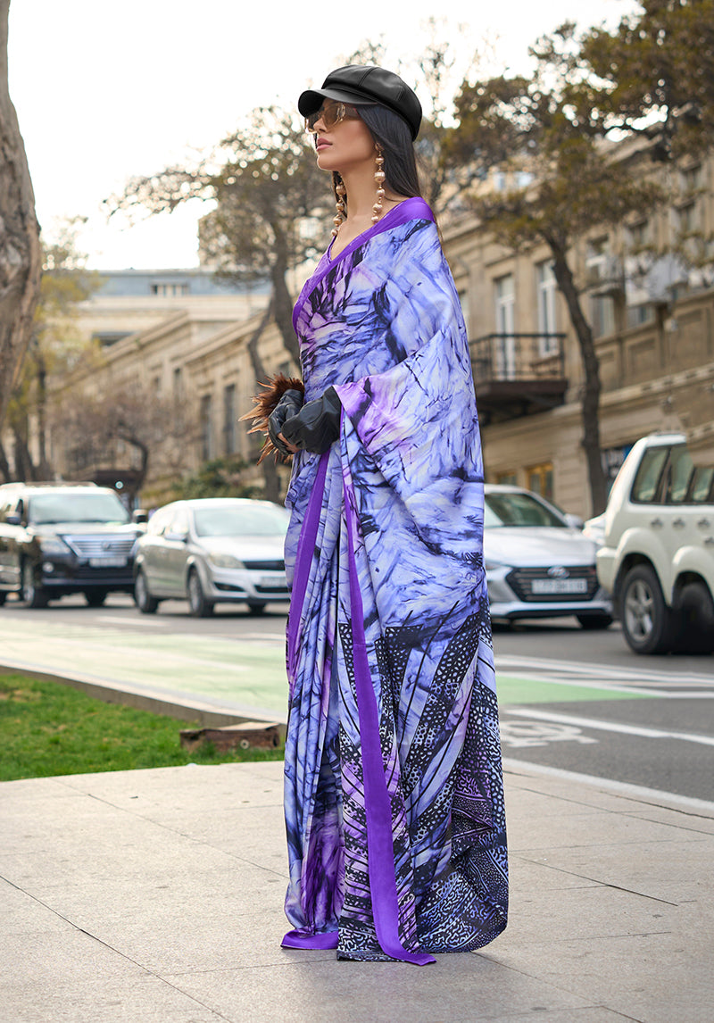 Monjolika Fashion Lilac Colour Satin Silk Printed Lightwear Saree For Women