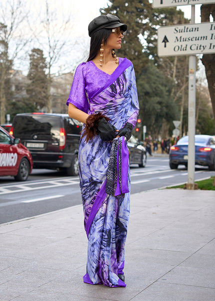 Monjolika Fashion Lilac Colour Satin Silk Printed Lightwear Saree For Women