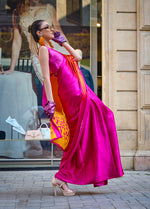 Thumbnail for Monjolika Fashion Magenta Colour Satin Silk Printed Lightwear Saree For Women - Distacart