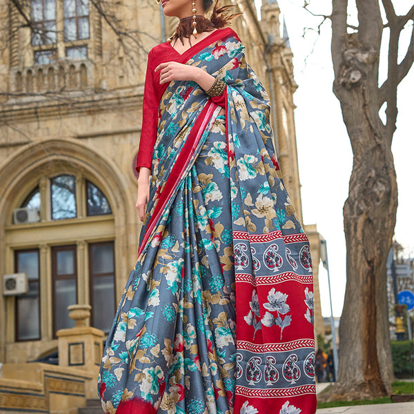 Monjolika Fashion Grey Colour Satin Silk Printed Lightwear Saree For Women - Distacart