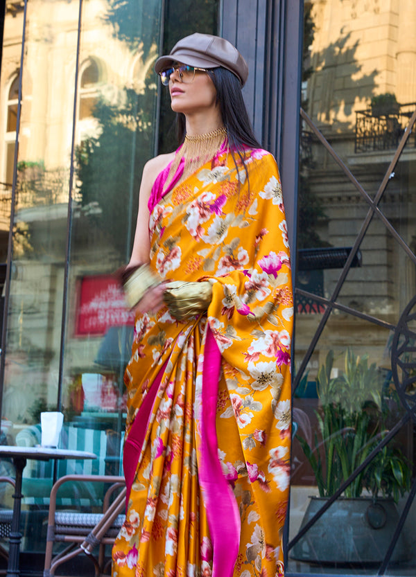 Monjolika Fashion Mustard Colour Satin Silk Printed Lightwear Saree For Women