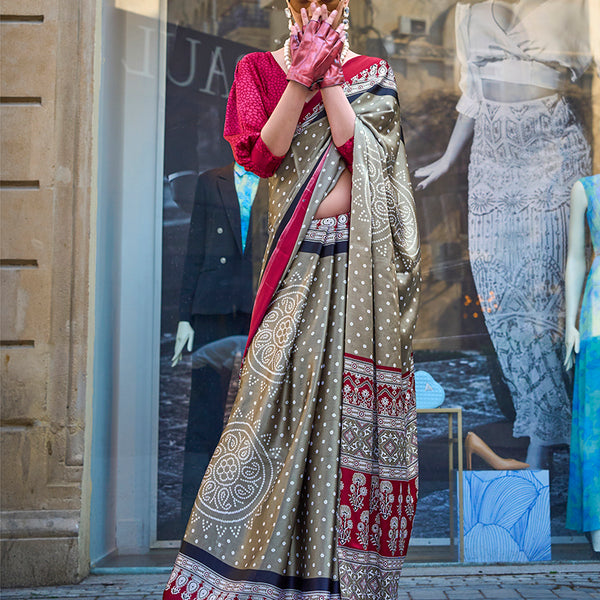 Monjolika Fashion Light Brown Colour Satin Silk Printed Lightwear Saree For Women - Distacart