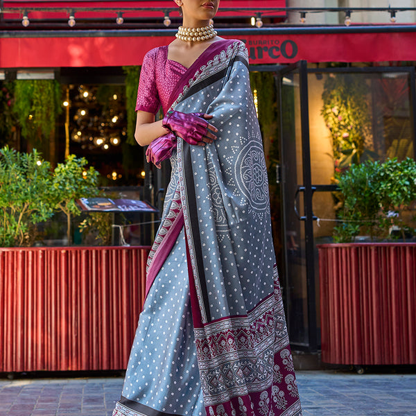 Monjolika Fashion Grey Colour Satin Silk Printed Lightwear Saree For Women - Distacart
