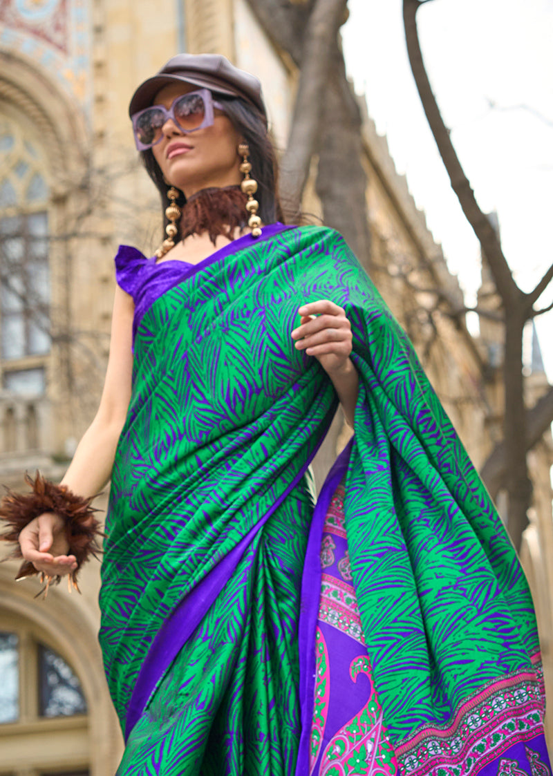 Monjolika Fashion Royal Blue Colour Satin Silk Printed Lightwear Saree For Women