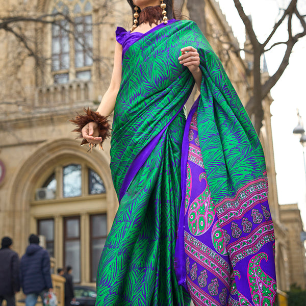 Monjolika Fashion Royal Blue Colour Satin Silk Printed Lightwear Saree For Women - Distacart