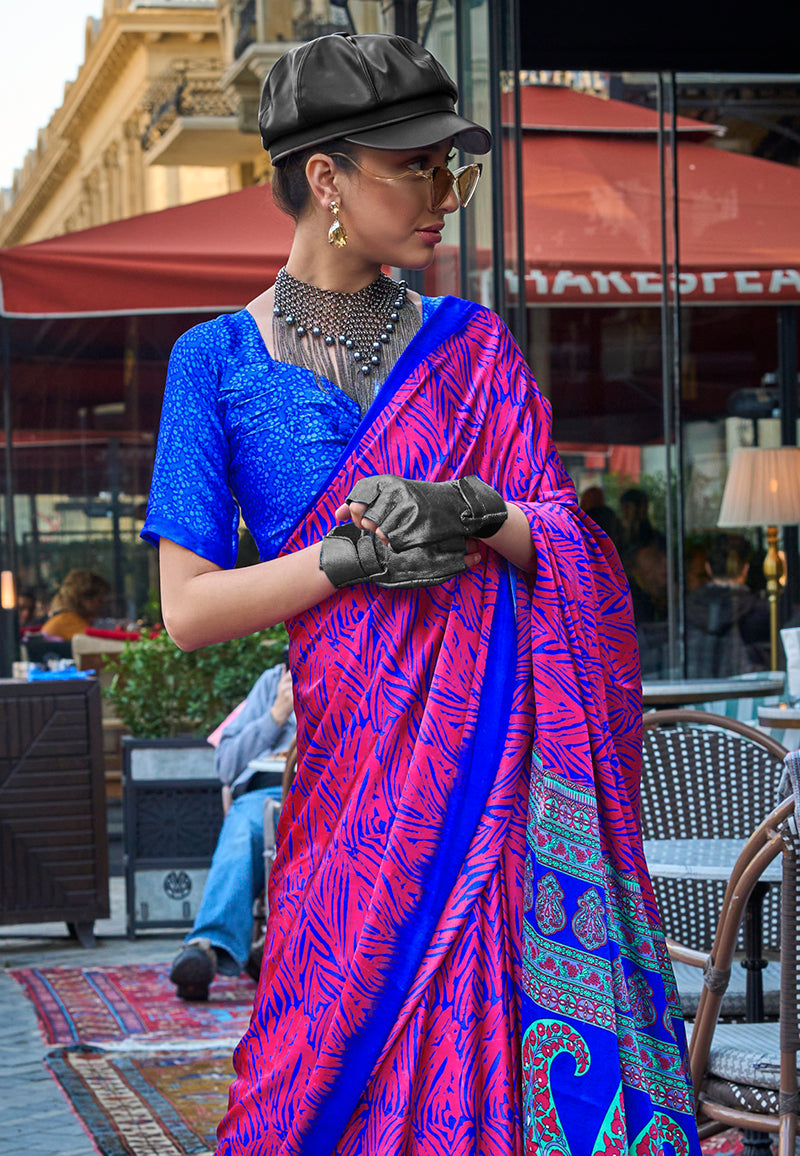 Monjolika Fashion Magenta Colour Satin Silk Printed Lightwear Saree For Women