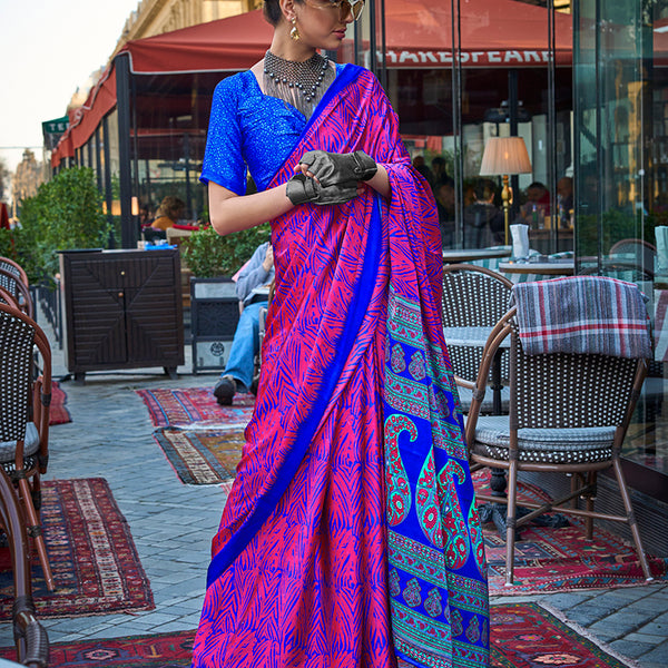 Monjolika Fashion Magenta Colour Satin Silk Printed Lightwear Saree For Women - Distacart