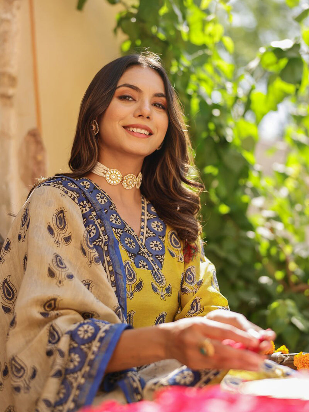 Kalini Ethnic Printed V neck Three-Quarter Sleeves Kurta with Trousers & With Dupatta - Distacart