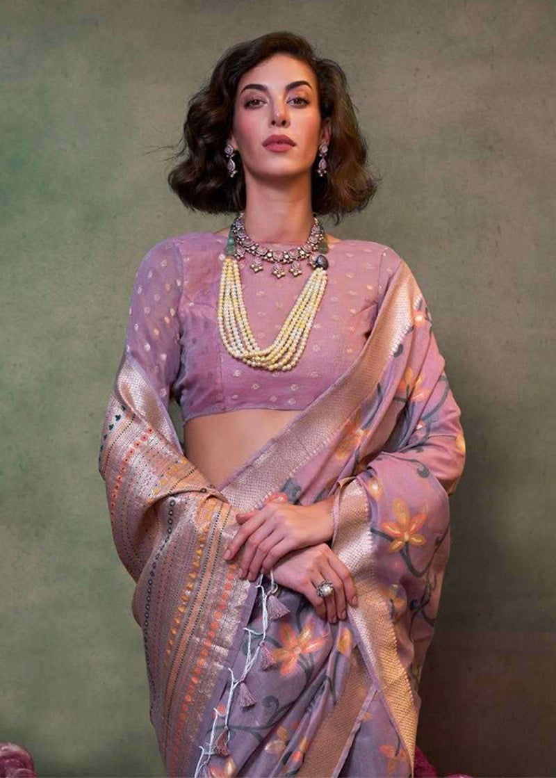 Monjolika Fashion Light Lilac Colour Mulmul Cotton Printed Lightwear Saree