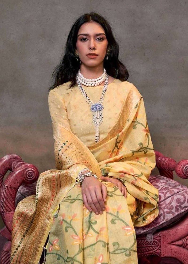 Monjolika Fashion Light Yellow Colour Mulmul Cotton Printed Lightwear Saree