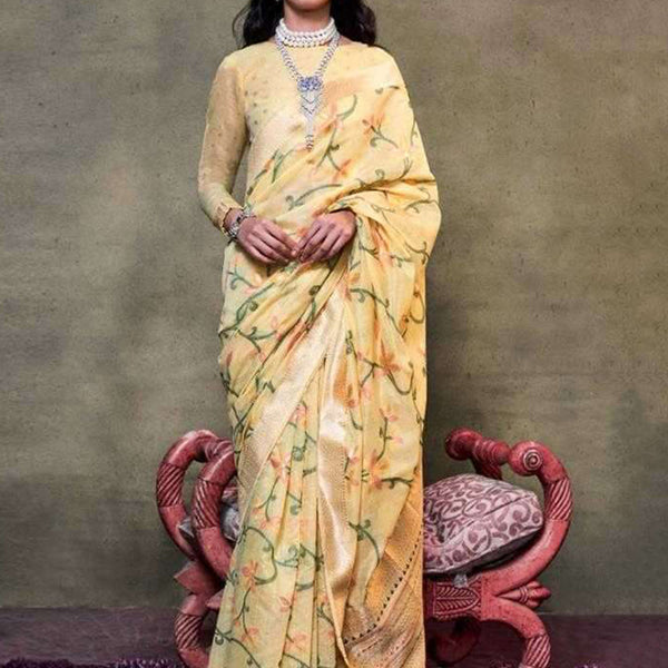Monjolika Fashion Light Yellow Colour Mulmul Cotton Printed Lightwear Saree - Distacart