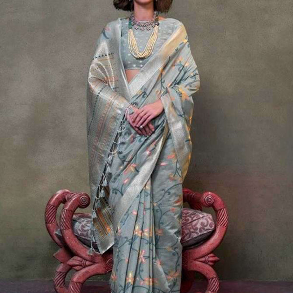 Monjolika Fashion Slate Grey Colour Mulmul Cotton Printed Lightwear Saree - Distacart