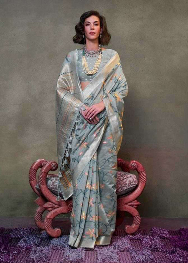 Monjolika Fashion Slate Grey Colour Mulmul Cotton Printed Lightwear Saree