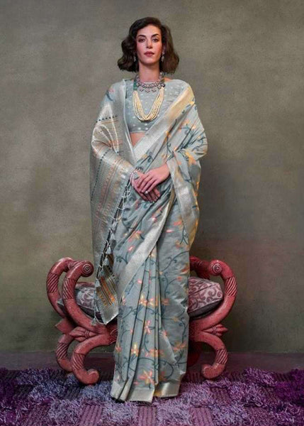 Monjolika Fashion Slate Grey Colour Mulmul Cotton Printed Lightwear Saree