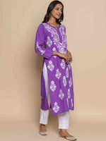 Thumbnail for HOUSE OF KARI Floral Chikankari Embroidered Notched Round Neck Straight Kurta - Distacart