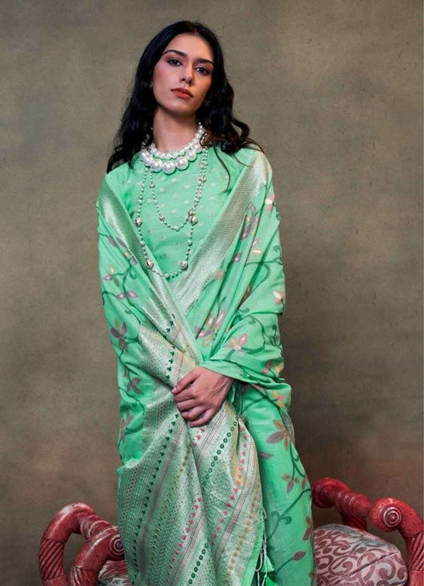 Monjolika Fashion Sea Green Colour Mulmul Cotton Printed Lightwear Saree