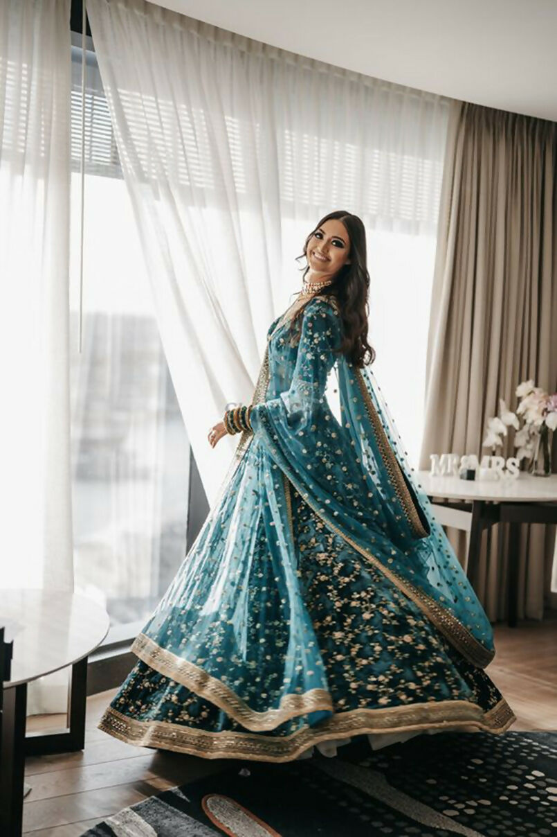 Jyoti Fashion Bottle Green Cording & Sequence Embroidery Velvet Lehenga Choli with Dupatta - Distacart