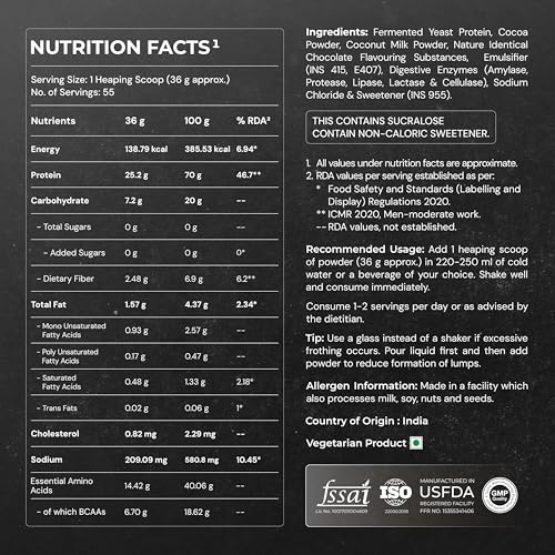 Nutrabay Yeast Protein Powder - , Rich Chocolate Crème | 25g Protein & 6.7g BCAA Per Scoop | All 9 EAAs | PDCAAS of 1 | Lactose Free, Soy Free | Superior Muscle Growth & Recovery