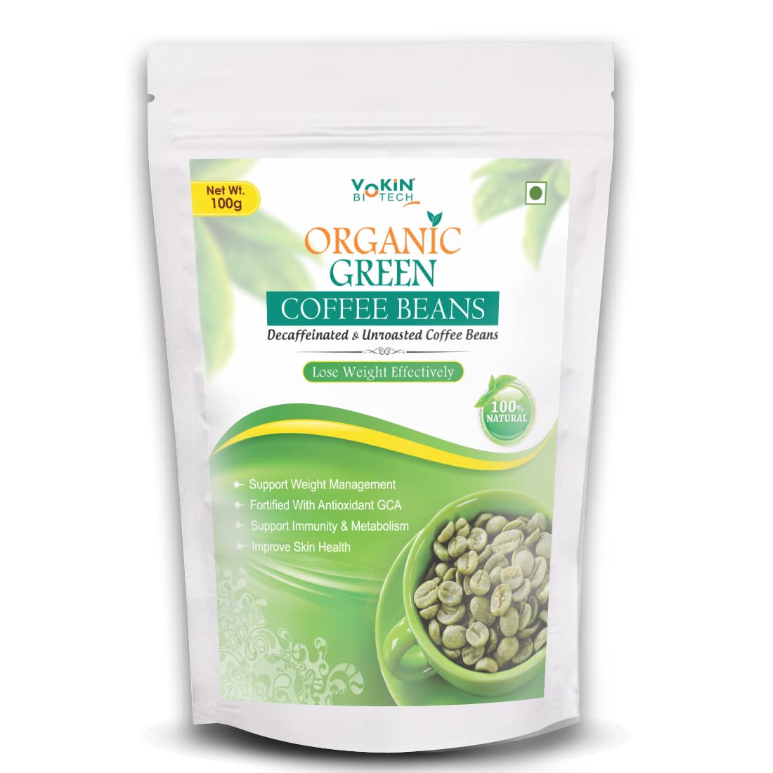 Vokin Biotech Organic Green Coffee Beans Decaffeinated & Unroasted Arabica Coffee100Gm For Weight Management