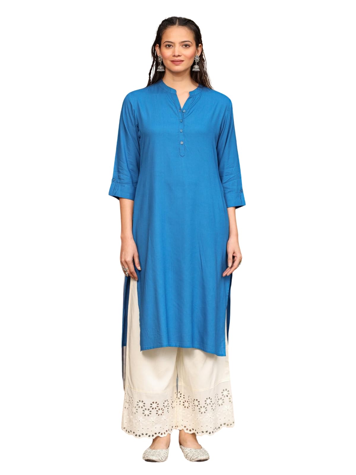 Juniper Women's Effortlessly Chic Bright Blue Rayon Solid Roll-Up Sleeves Basic Kurta - Distacart