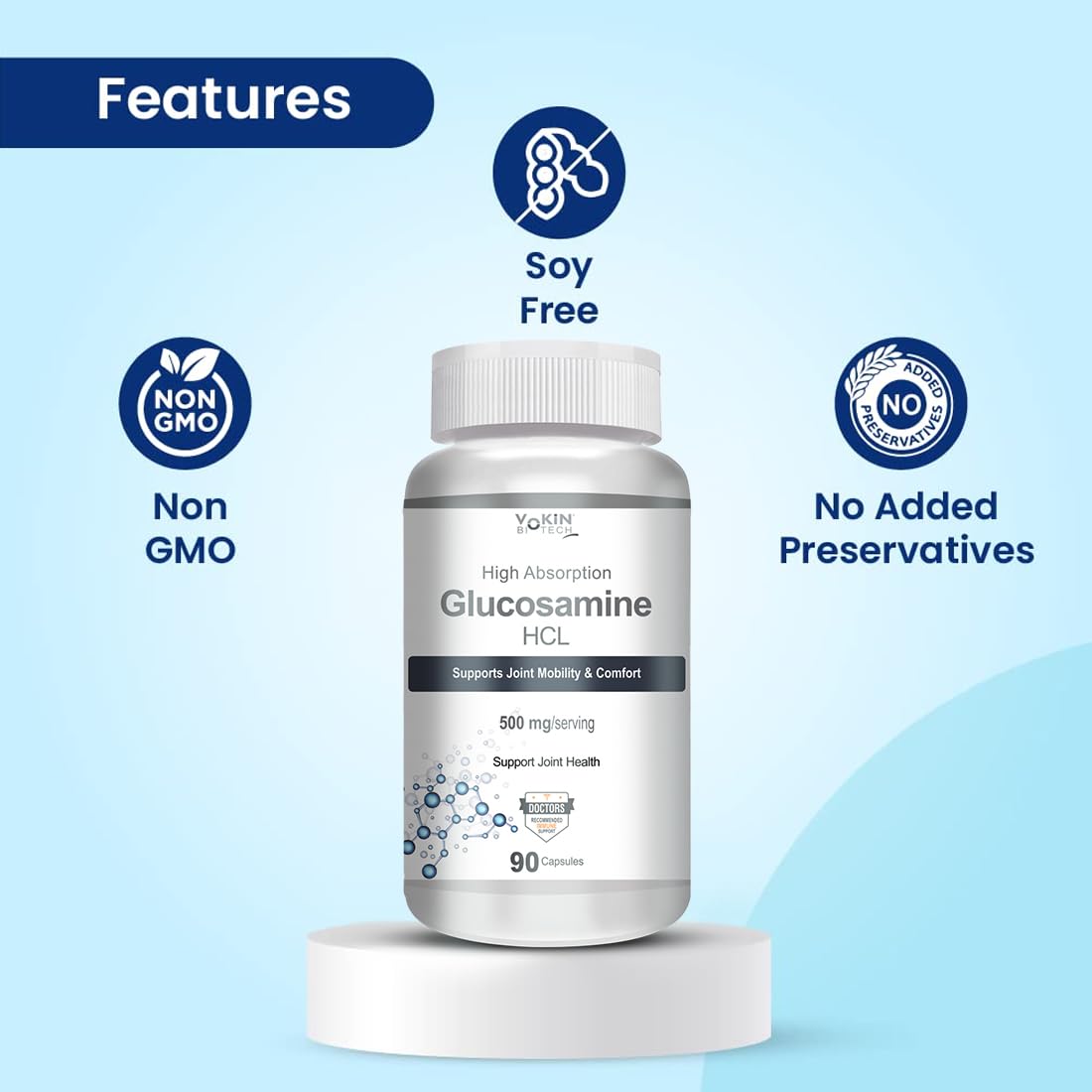Vokin Biotech Glucosamine HCL Supplement Supports Joint Health -500mg (90 Capsules)