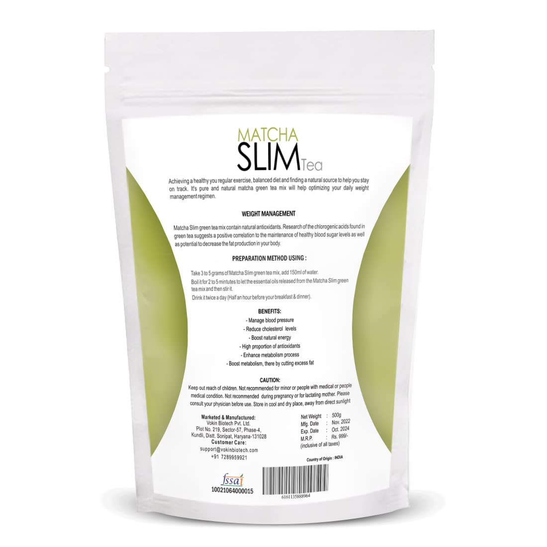 Vokin Biotech Matcha Green Tea Powder Supports Weight Loss Management | Rich In Antioxidants (500 gram)