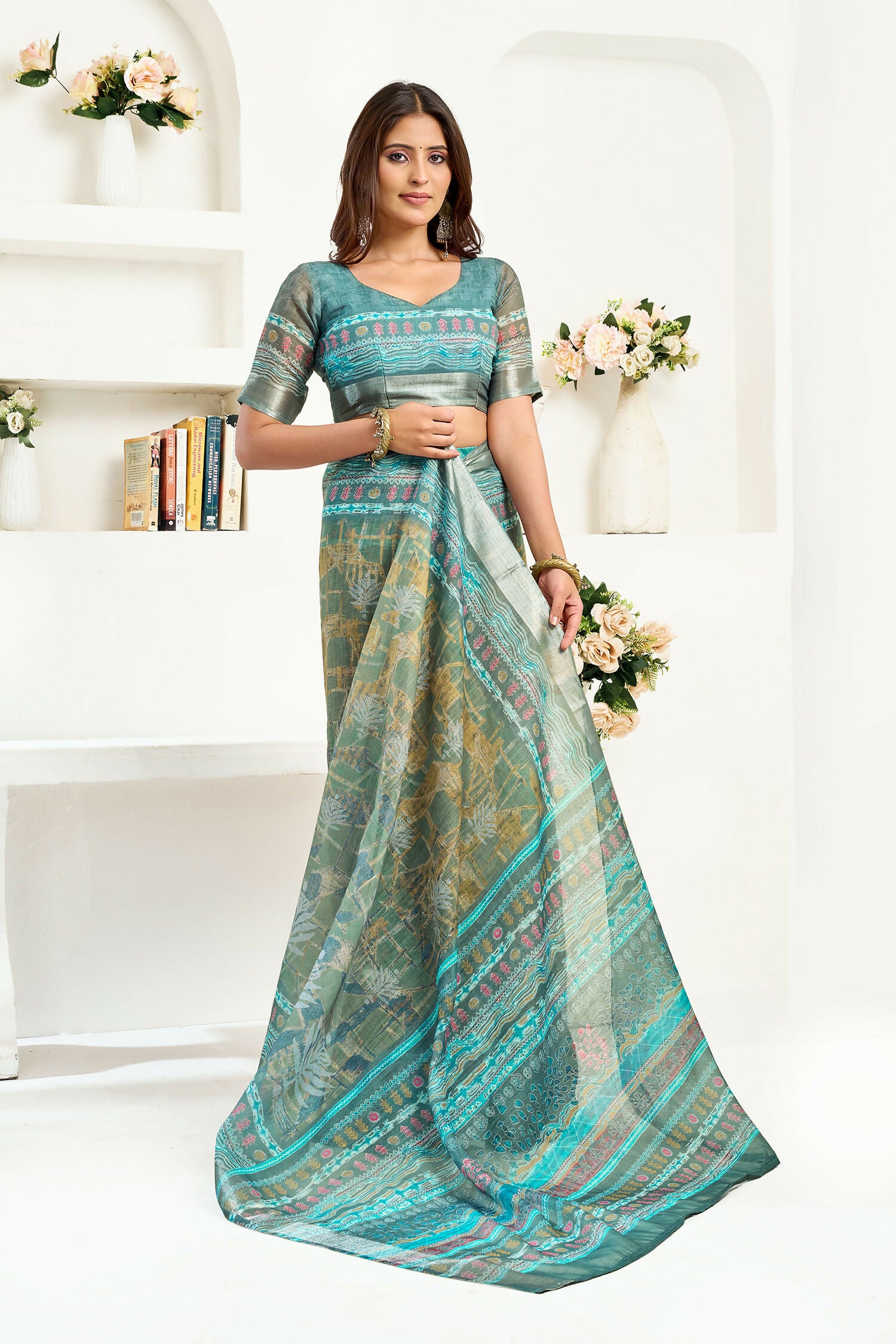 Joban Fashion Petrol Ethinic Motifs Linen Ready To Wear Saree With Unstitched Blouse - Distacart