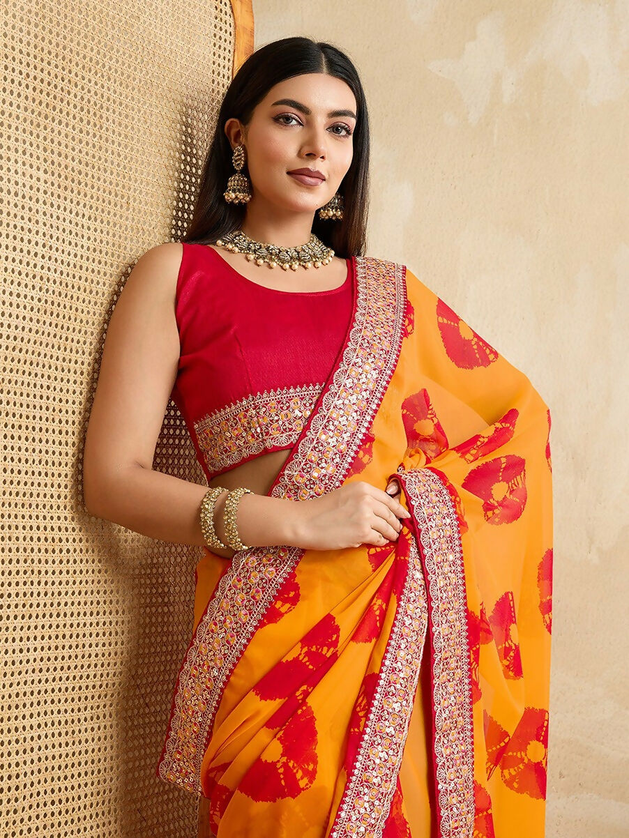 Ai Fashion Yellow Georgette Bandhani Print Party Wear Saree