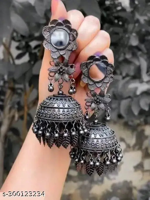 Tehzeeb Creations Women's Black Colour Oxidised Earrings With Mirror And Jhumki Style - Distacart