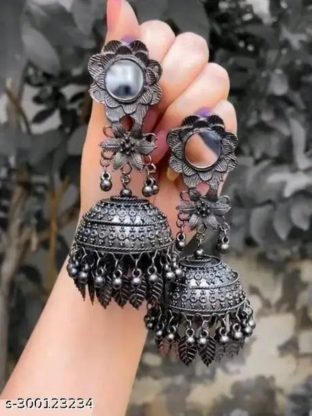 Tehzeeb Creations Women's Black Colour Oxidised Earrings With Mirror And Jhumki Style - Distacart