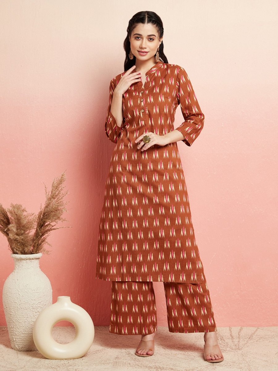 Aks Ikat Printed Pure Cotton Straight Kurta With Palazzos - Distacart