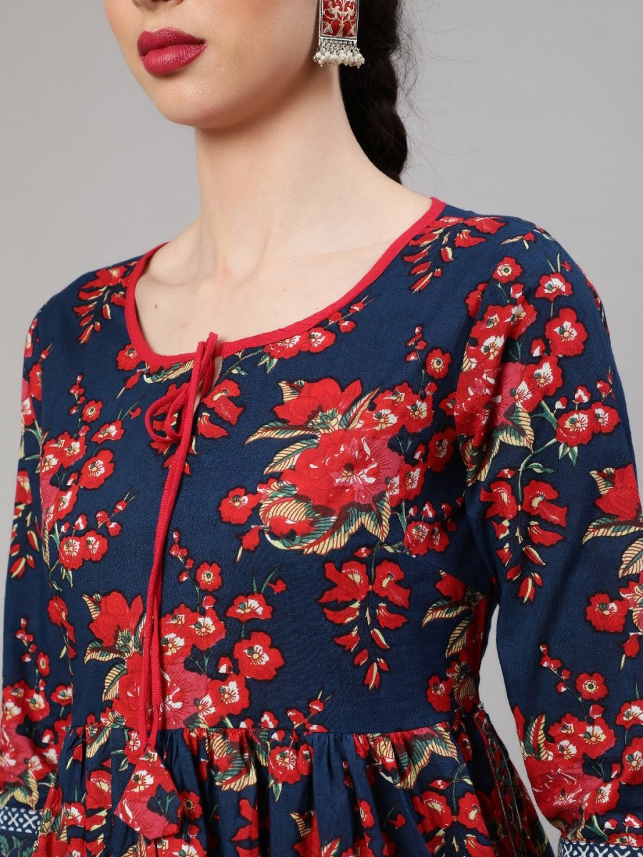 Aks Floral Printed Tie-Up Neck Pleated Cotton A-Line Kurta - Distacart