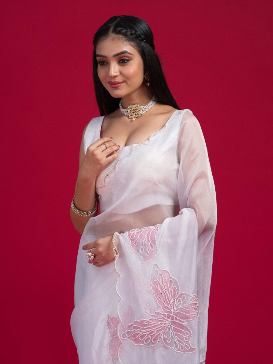 Anouk White Embellished Beads & Stones Organza Saree - Distacart