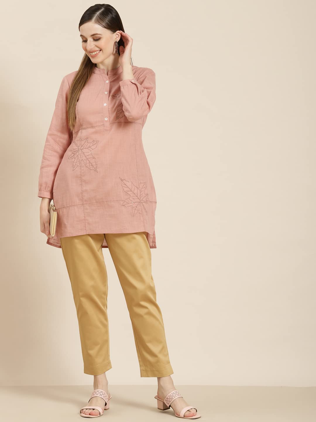 Juniper Women's Peach Embroidered Cotton Slub High-Low Tunic - Distacart