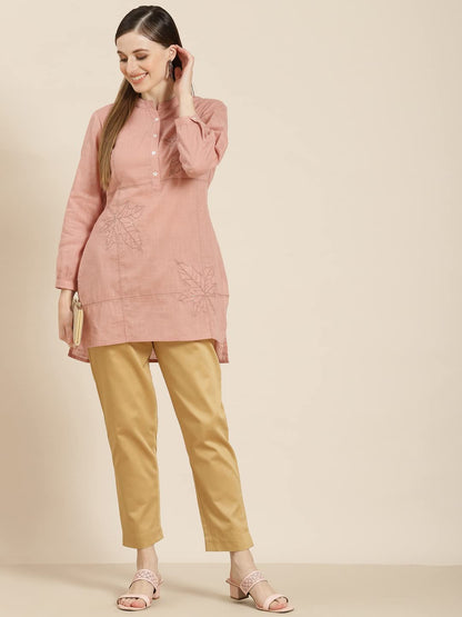 Juniper Women's Peach Embroidered Cotton Slub High-Low Tunic - Distacart