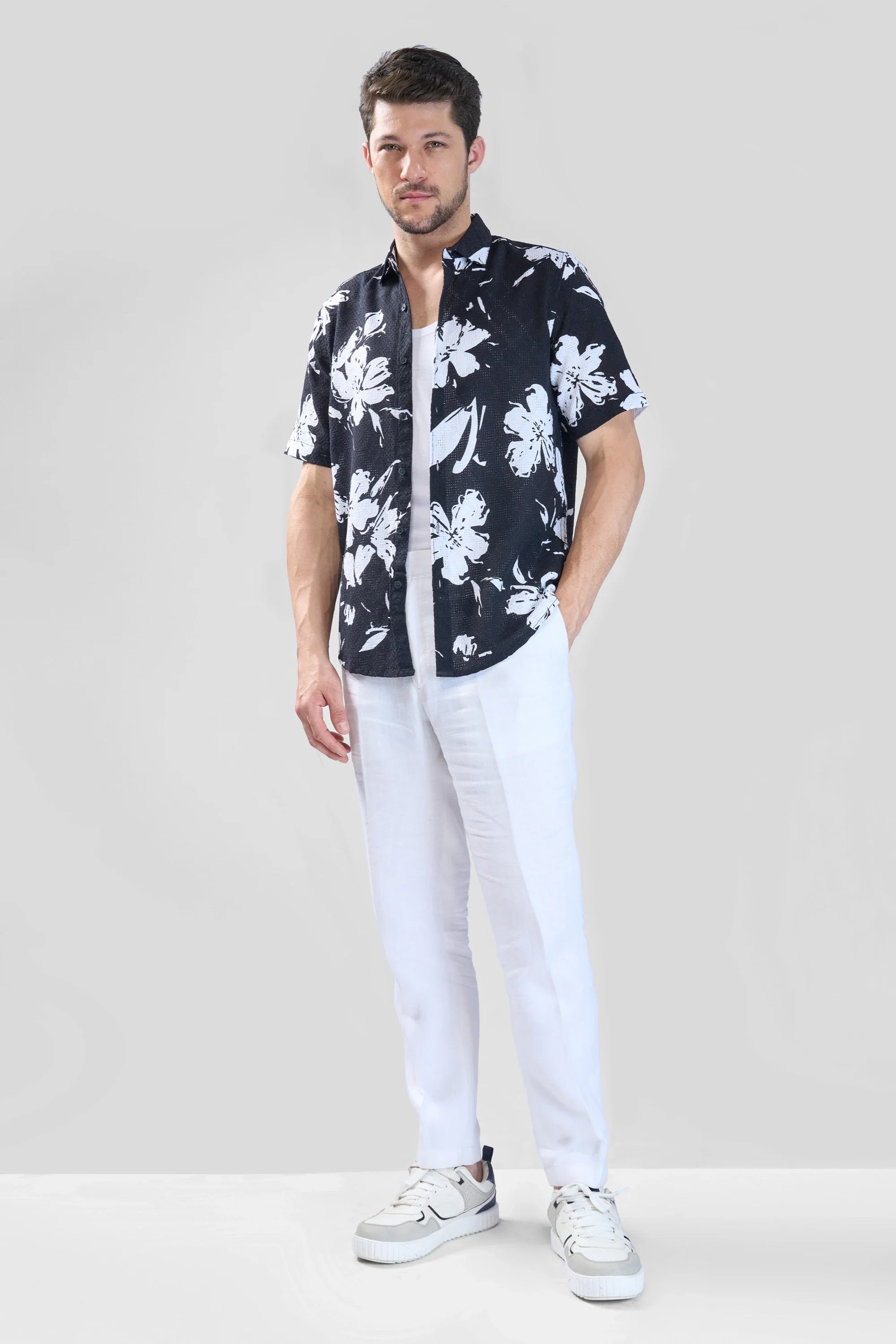 Xkind Black Floral Printed Textured Regular Fit Shirt