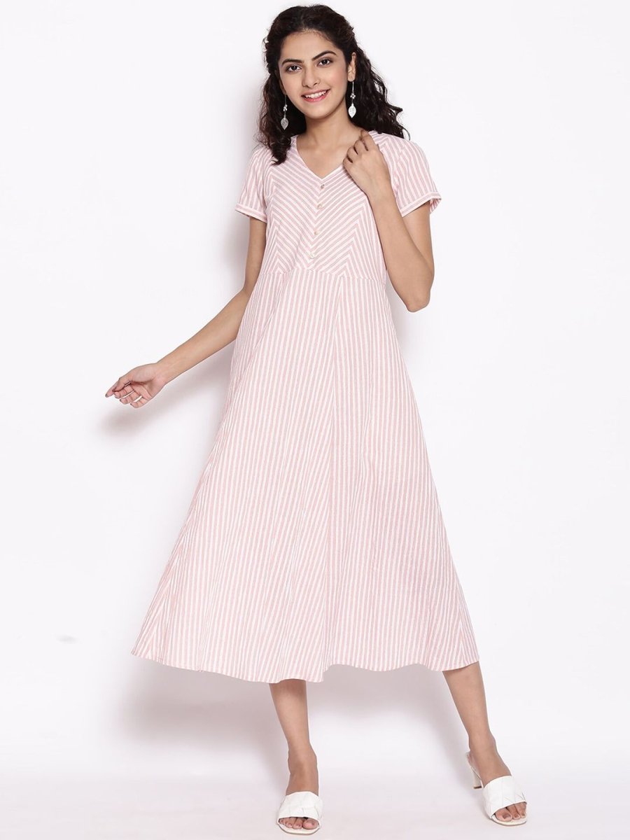 AURELIA Peach-Coloured Striped A-Line Midi Dress - Distacart