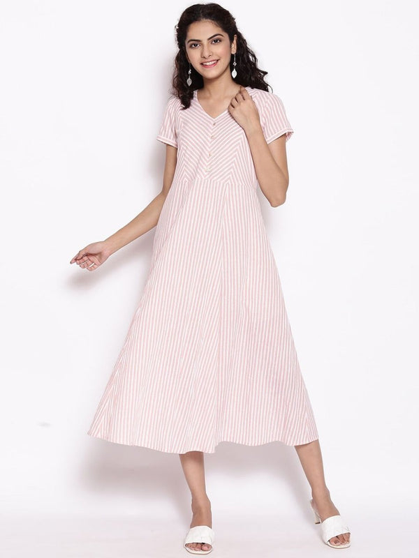AURELIA Peach-Coloured Striped A-Line Midi Dress