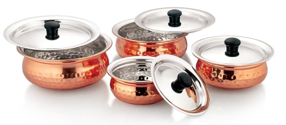 Dynore Stainless Steel Copper Plated Hammered Finish Handi Set with SS lid- Set of 4 - Dista